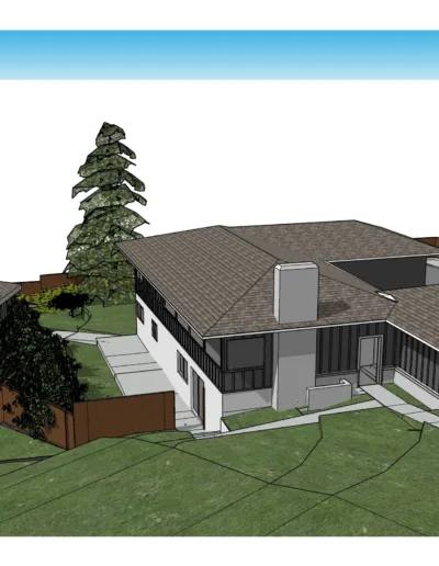 A 3d rendering of a house with a large yard.