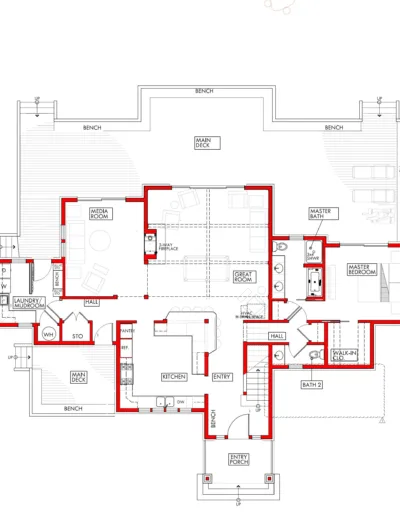 A floor plan of a house with red accents.